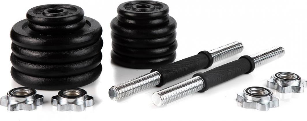 Manualsett med svarte støpejernsskiver, to riflete stenger med sorte håndtak og fire sølvfargede lukkemuttere.