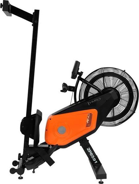 Romaskin Sammenleggbar med sort og oransje design, store vifter bak og digital skjerm, sett fra siden.