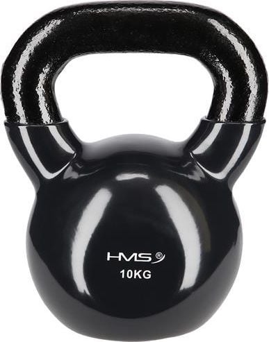 Kettlebell sort 10 kg med blank overflate, synlig vektmerking og solid svart håndtak sett forfra.