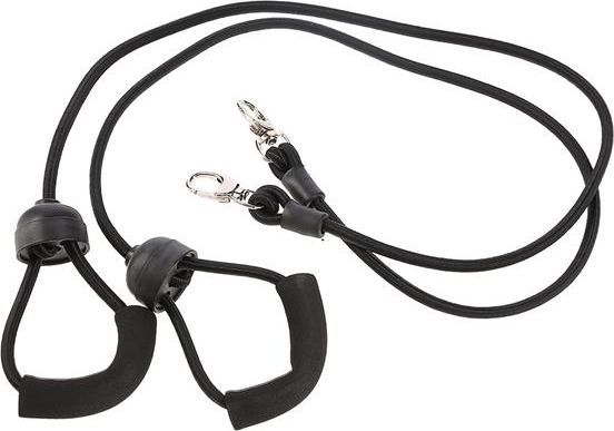 Stepper Trening med strikktreningstau, svarte skumgummihåndtak og metallkroker, sett fra siden på hvit bakgrunn.