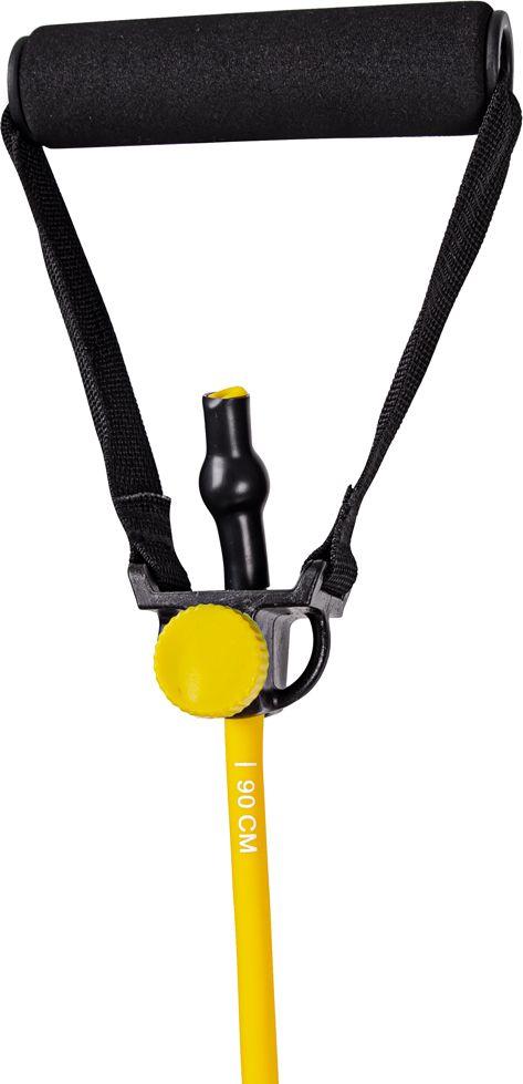 Stepmaskin med sort håndtak i skum, gul stang med justering, stropp og skruknapp sett forfra.