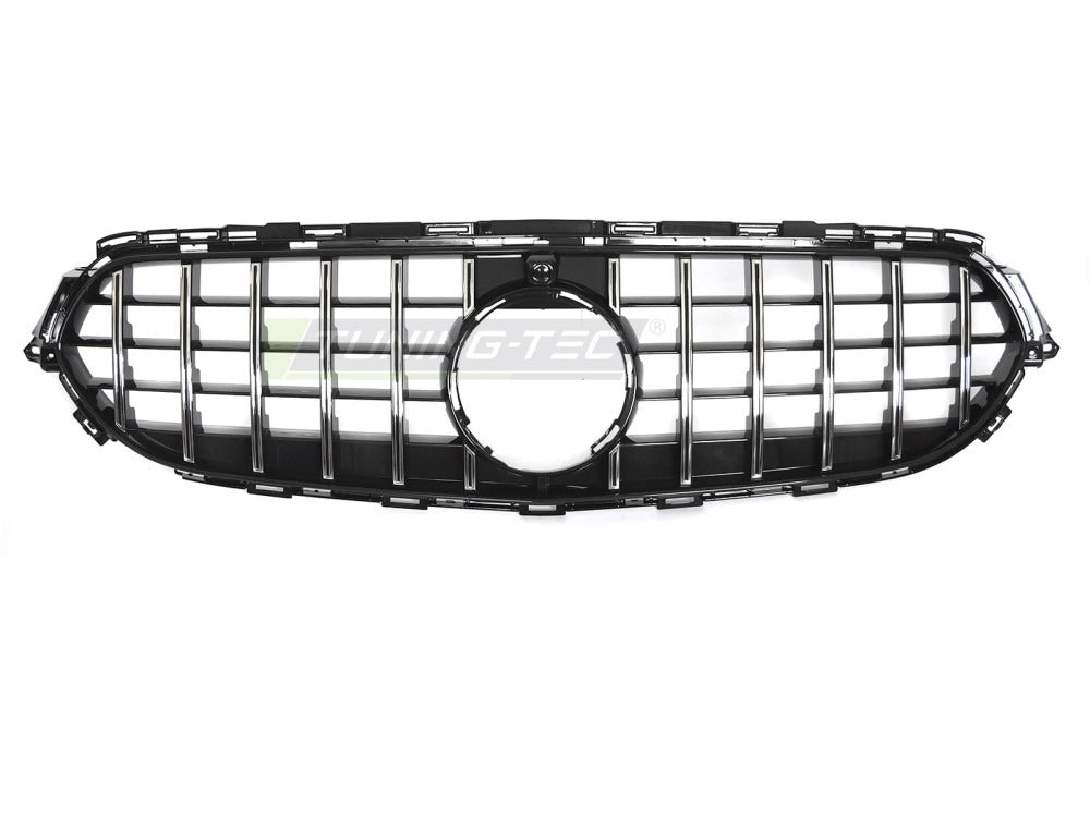 Detaljbilde av Grill E-Klasse W213 20-23 krom/sort med lamellstruktur og emblemfeste.
