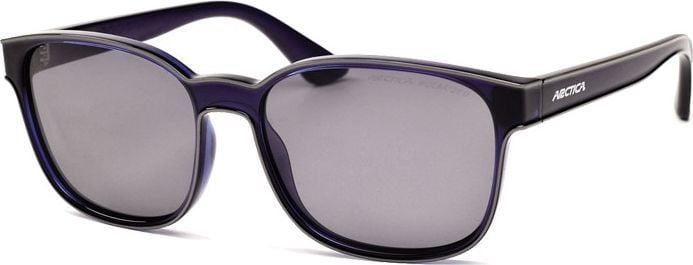 Solbriller med sorte plastinnfatninger, mørke glass og synlig Arctica-logo på stangen, sett skrått forfra.