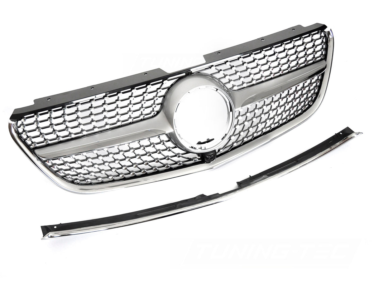 Grill Diamond Sølv Krom til Mercedes Vito W447 14-19 sett rett forfra på hvit bakgrunn.