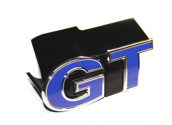 Emblem/logo til Vw GT Polo 6R/Derby/Vento i glossy chrome med ultramarine blue detaljer, perfekt til frontgrillen