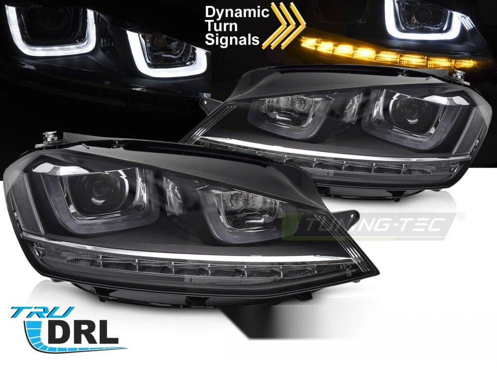 Detaljbilde av frontlykter VW Golf VII 13-17 med LED-detaljer.