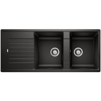 Blanco Zia 8 S Silgranit svart reversibel 2-kummers kjøkkenvask med avrenningsfelt og stålplugger