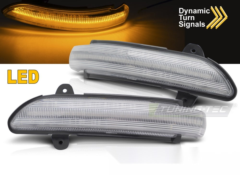 Sidemarkeringslys LED Sequential White til Mercedes W211/S211 02-09 sett rett bakfra på hvit bakgrunn.