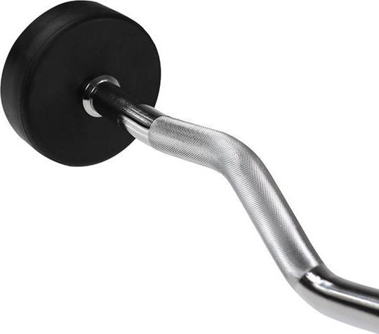 Curlstang med krommet, riflet grep og bøyd form, svart vektplate i enden, sett fra siden i skrå vinkel.