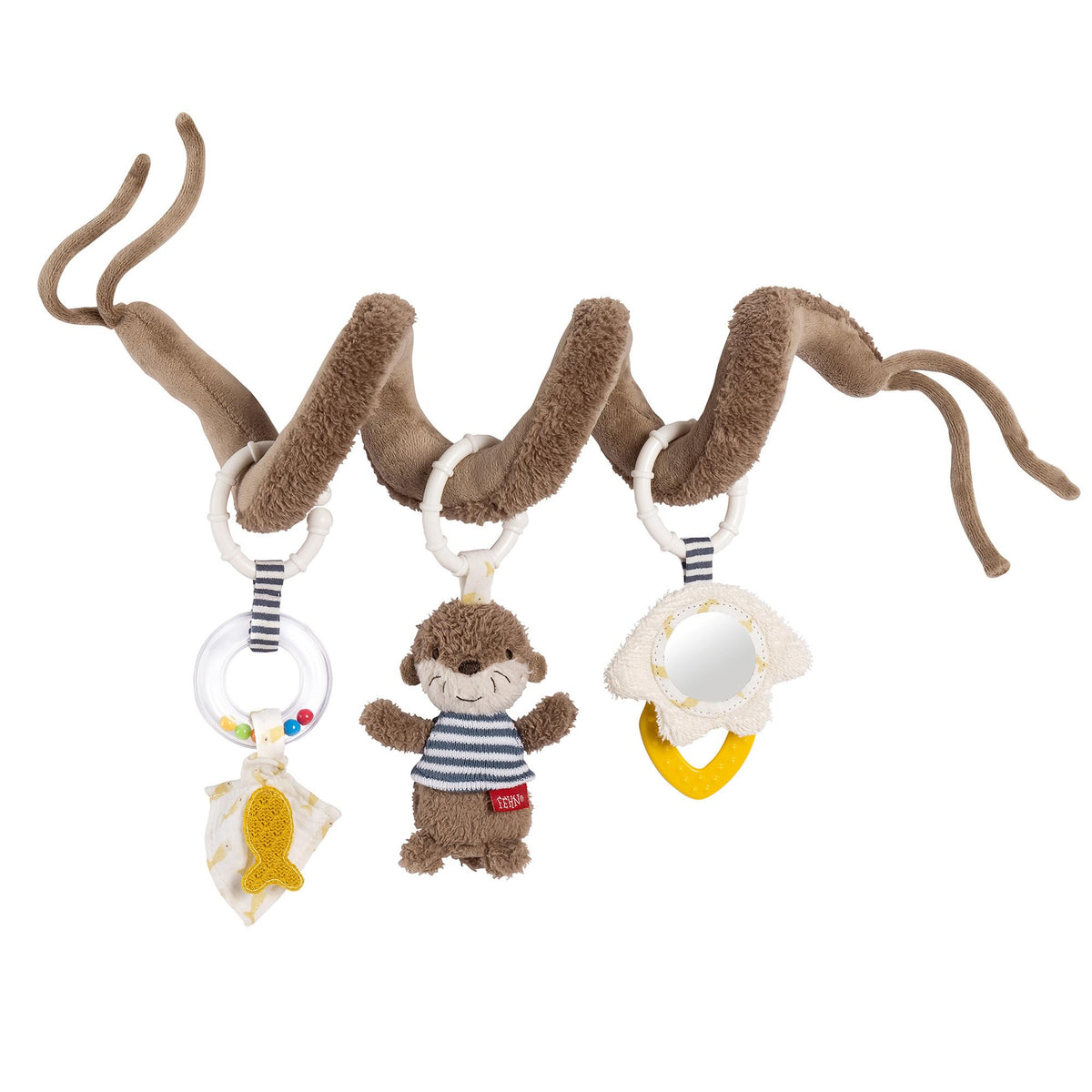 Babyleke spiral i brun plysj med plastleke, ape i stripete genser og myk figur med speil, sett forfra.