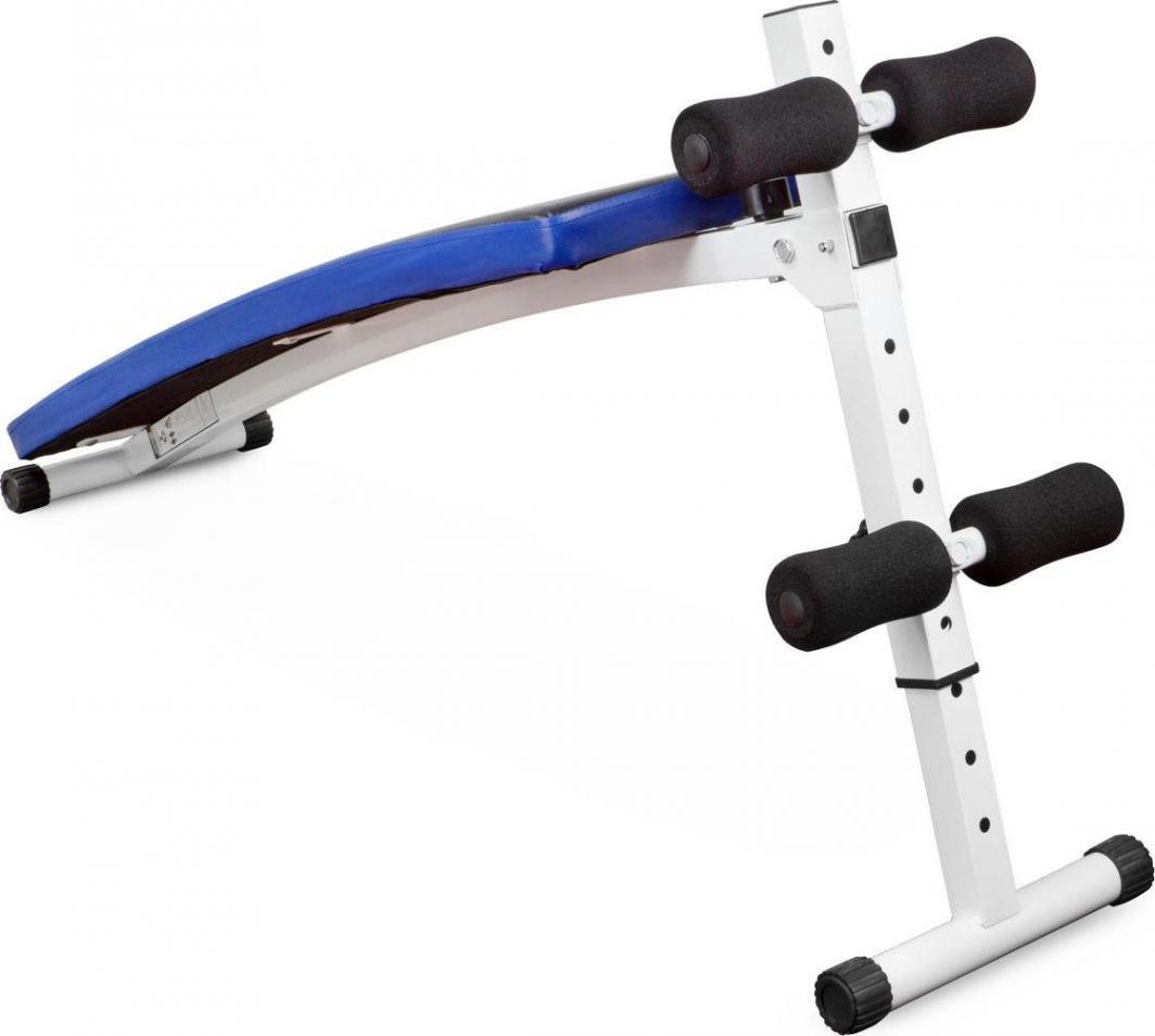 Sammenleggbar Treningsbenk i metall med blå polstret pute, sorte skumruller og justerbare vinkler, sett fra siden.