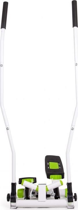 Mini Stepper i hvitt og grønt metall, sorte håndtak og pedaler, sett forfra med synlige justeringselementer.
