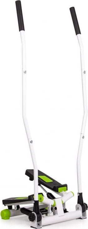 Stepmaskin med håndtak, LCD-display og fotplater i hvitt, sort og grønt, sett fra skrå vinkel.
