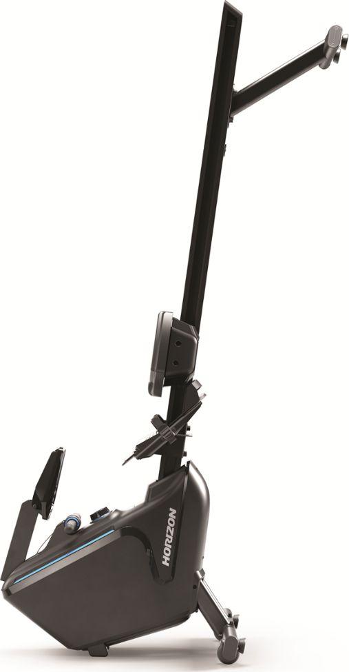 Romaskin i sort med blå detaljer, stående oppreist for lagring, synlige hjul, pedal og Horizon-logo på siden.