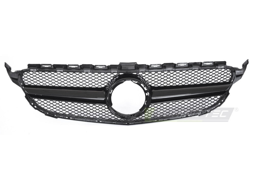 Detaljbilde av Grill C-Klasse W205 18-23 sort med lamellstruktur og emblemfeste.
