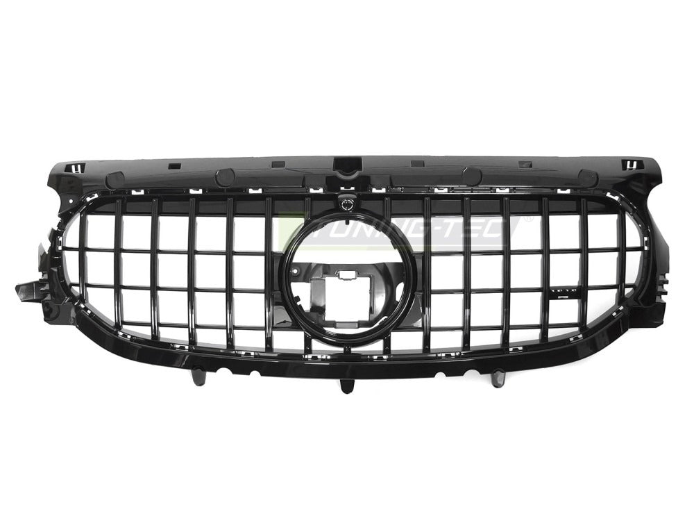 Detaljbilde av Grill Mercedes GLA H247 19-23 blank sort med sport-mønster og emblemfeste.