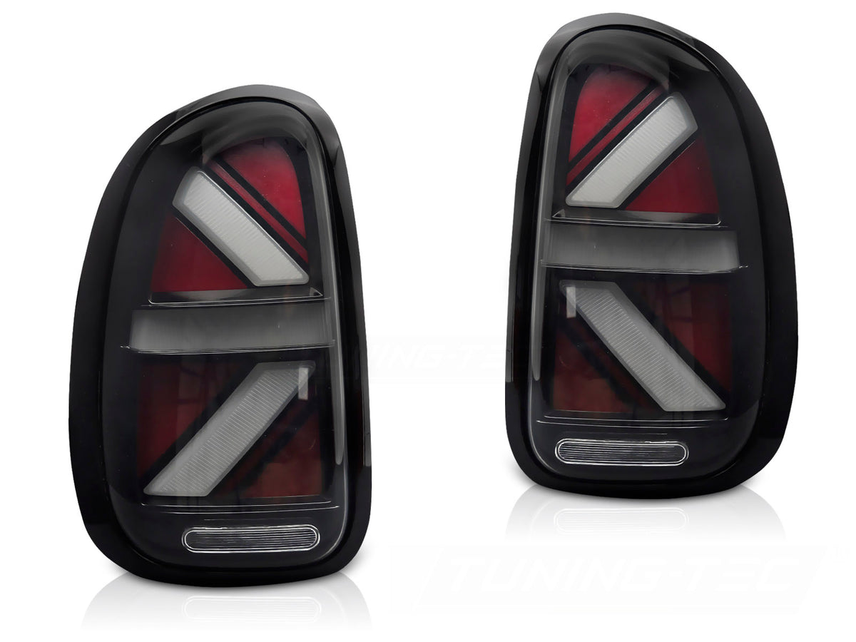 Baklykter LED Smoke til Mini Cooper R60 Countryman 10-16 sett rett bakfra på hvit bakgrunn.