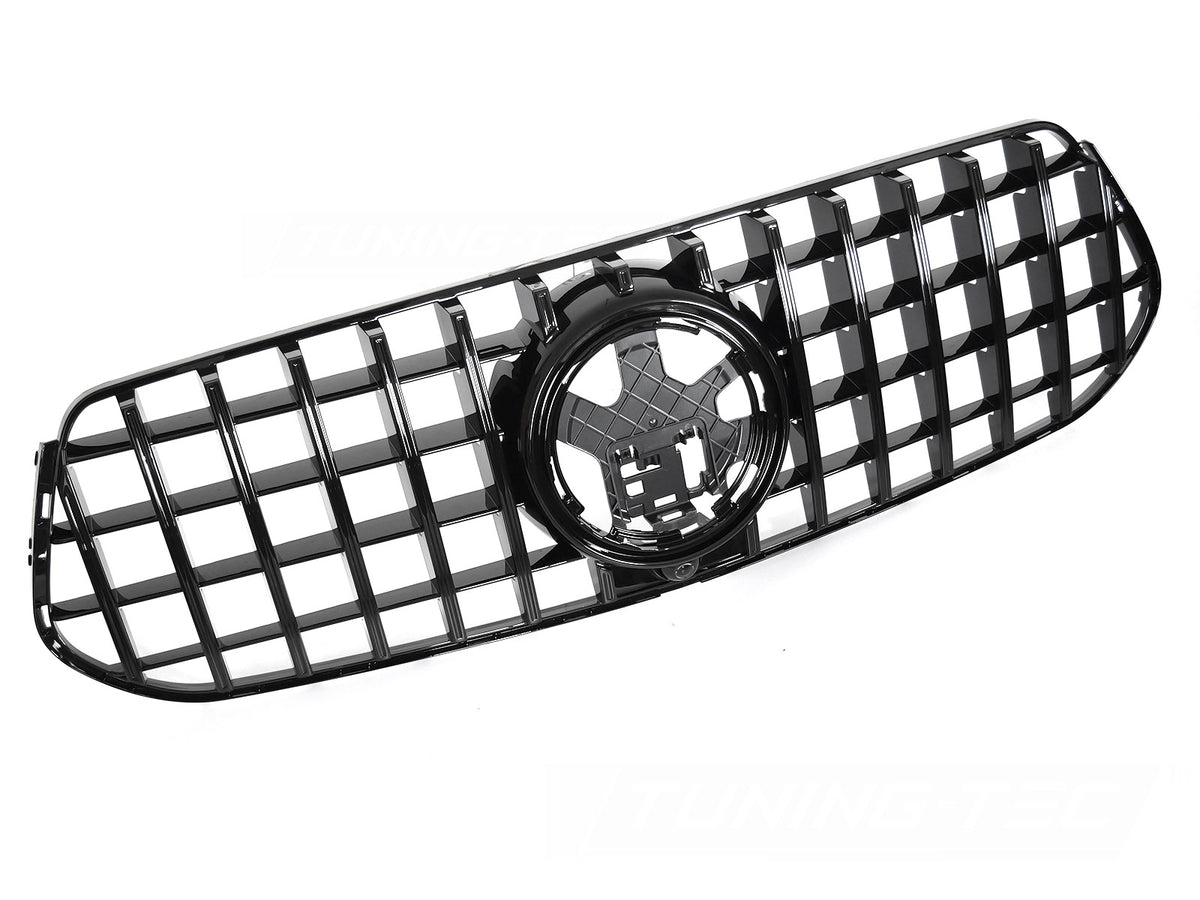 Grill GT Style til Mercedes GLE W167/C167 23- i blank sort sett rett forfra på hvit bakgrunn.