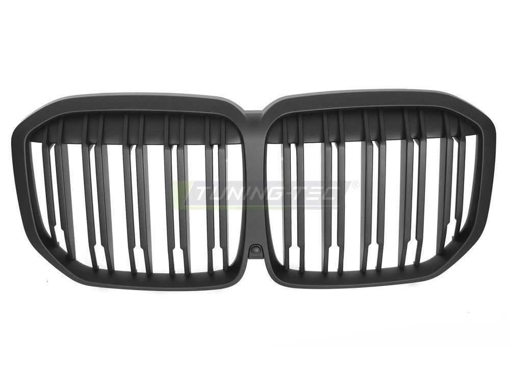 Detaljbilde av Grill X7 G07 18-22 matt sort med lamellstruktur og BMW-nyrer.