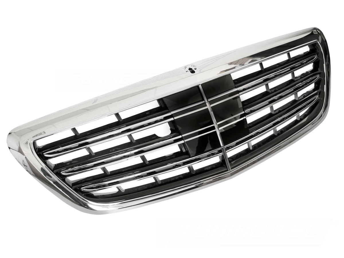 Grill til Mercedes S-Klasse W222 13-17 i krom sett rett forfra på hvit bakgrunn.
