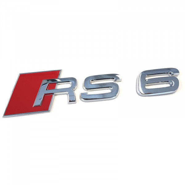 Emblem/logo til Audi RS6 Glossy Chrome / Red i ABS-materiale med skinnende krom og rød finish for karosseri