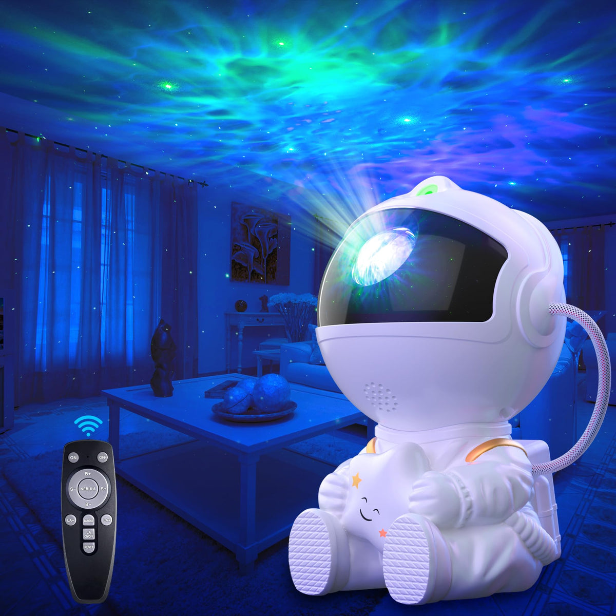Stjernehimmel Lampe formet som hvit astronaut med svart visir, projiserer fargerikt lys mot taket, fjernkontroll ved...