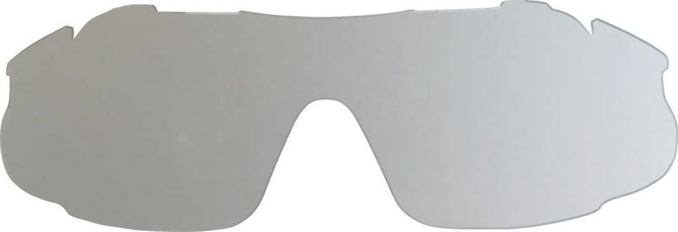 Solbrilleglass i lys grå plast med speilfinish, buet og heldekkende design uten ramme, sett forfra.