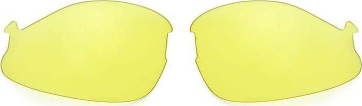 Sportsbriller med to gule, flate brilleglass uten innfatning sett ovenfra på hvit bakgrunn.