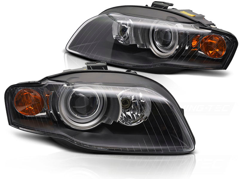Frontlykter Xenon Black til Audi A4 B7 04-08 sett rett forfra på hvit bakgrunn.