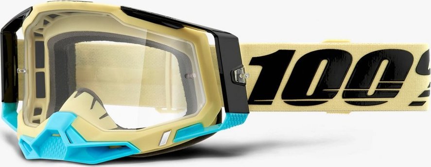 Crossbriller med beige ramme, sorte og blå detaljer, gjennomsiktig glass og bred elastisk stropp med sort logo.