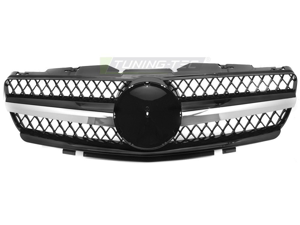 Detaljbilde av Grill Mercedes SL R230 01-06 sort/krom med lamellstruktur og emblemfeste.