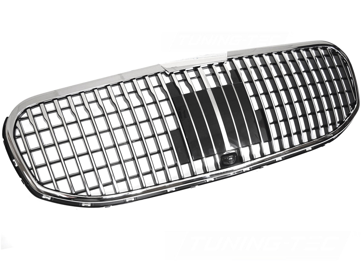 Grill til Mercedes GLS X167 19-23 i blank sort/krom sett rett forfra på hvit bakgrunn.