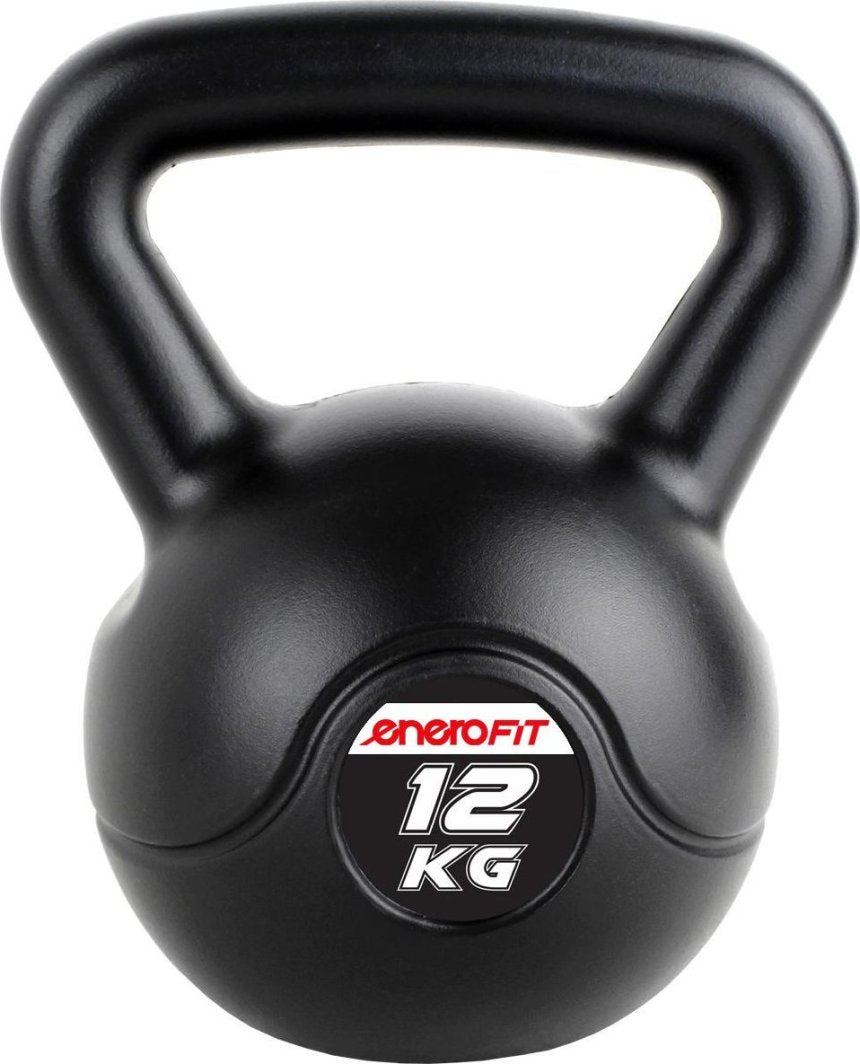 Kettlebell i sort metall med bredt håndtak, sett forfra, tydelig 12 kg-merke og ENERO FIT-logo foran.