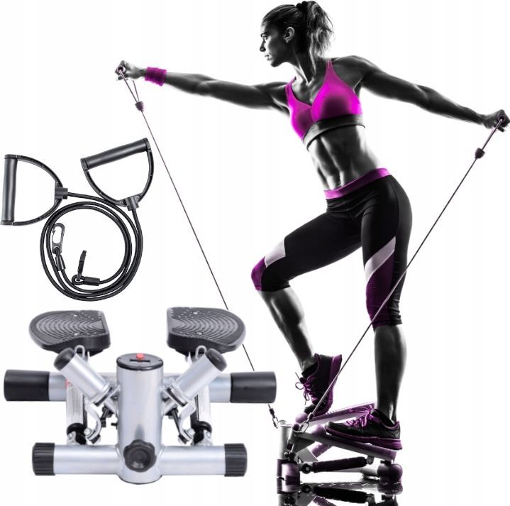 Stepper Trening med LCD og treningsstrikker i bruk av kvinne, nærbilde av håndtak og fotplater, sølv og svart.