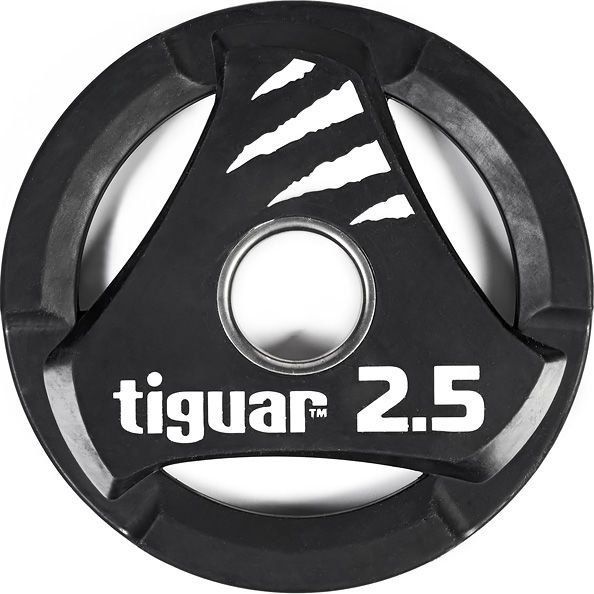 Vektskive 2,5kg i sort gummi med hvit logo, tre håndtak og 50mm stålhylse, sett ovenfra.