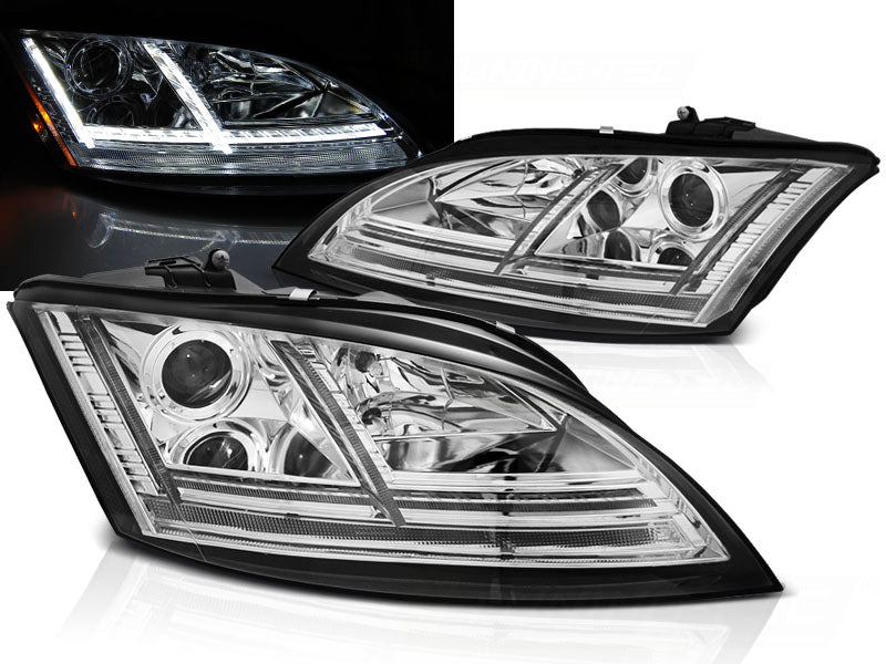 Frontlykter Xenon LED DRL Chrome Sequential AFS til Audi TT 8J 06-10 sett rett bakfra på hvit bakgrunn.