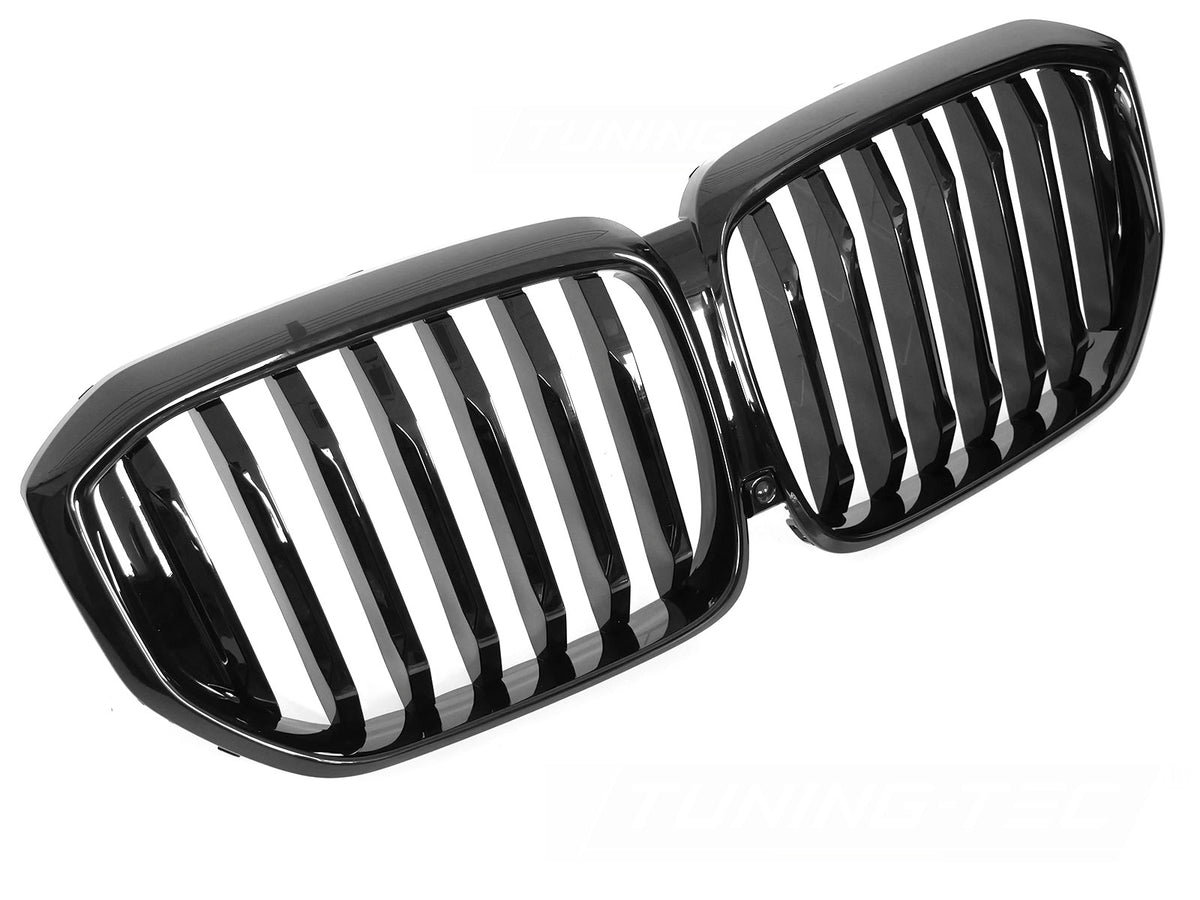 Grill til BMW X5 G05 LCI 23- i blank sort sett rett forfra på hvit bakgrunn.
