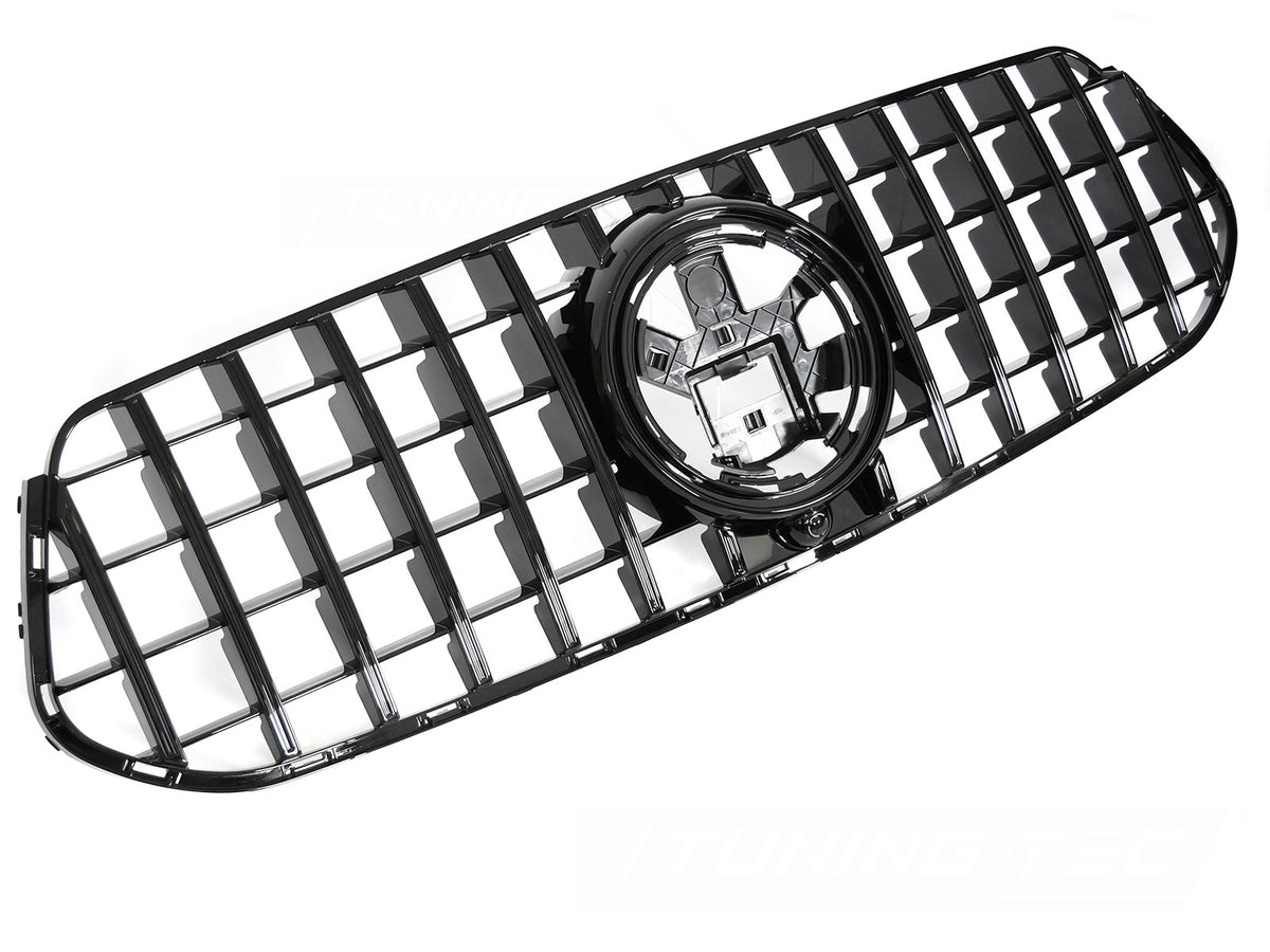 Grill GT Style til Mercedes GLE W167/C167 19-23 i blank sort sett rett forfra på hvit bakgrunn.