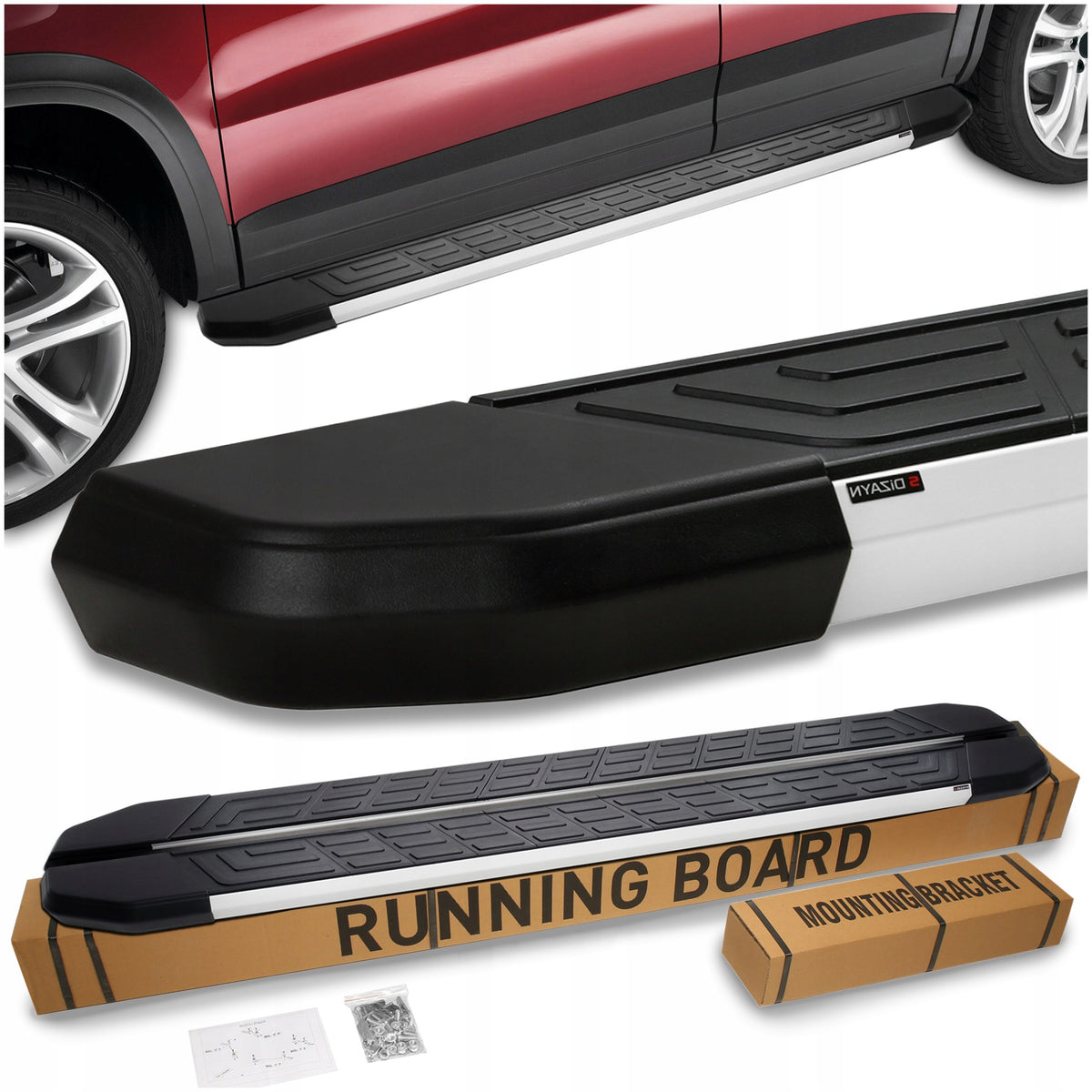 Stigtrinn 5K Parts i sølvfarget aluminium til Jeep Commander 2005-2010 med monteringsbraketter og skruer.