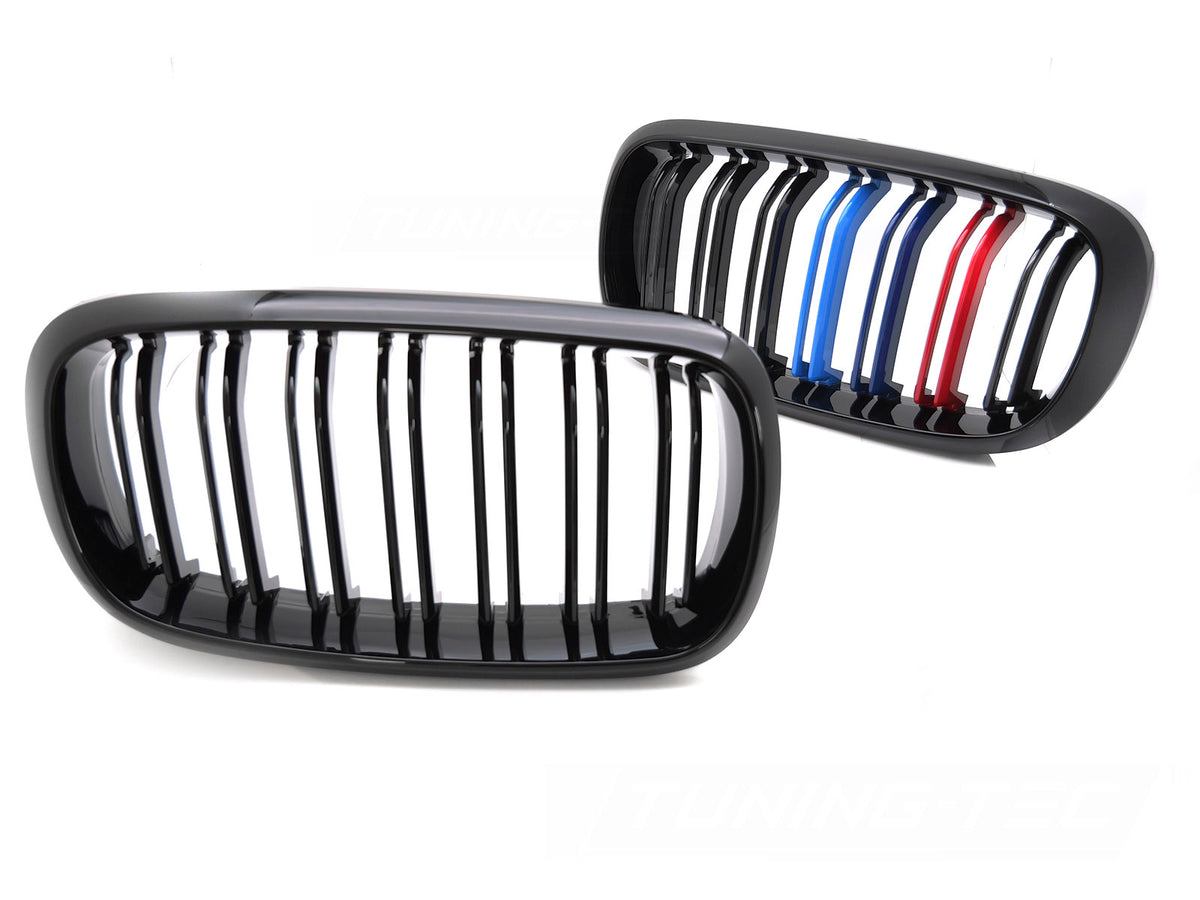 Grill til BMW X5 F15 13-18 + X6 F16 14-19 i sort/trefarget sett rett forfra på hvit bakgrunn.