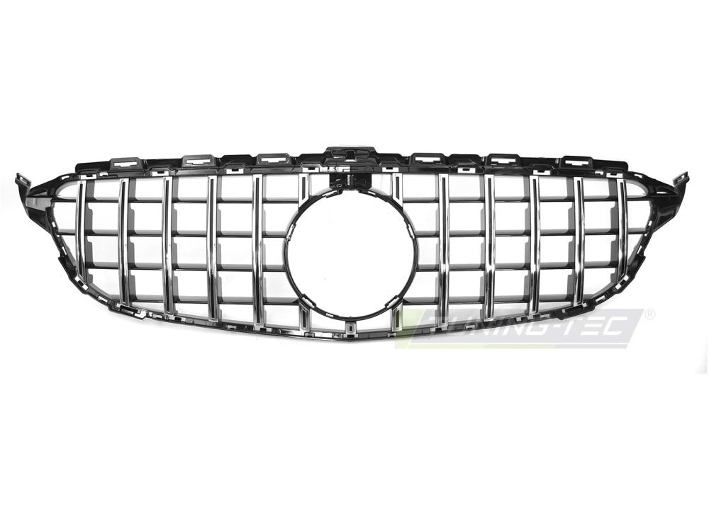 Detaljbilde av Grill C-Klasse W205 14-21 sort/krom med lamellstruktur og emblemfeste.