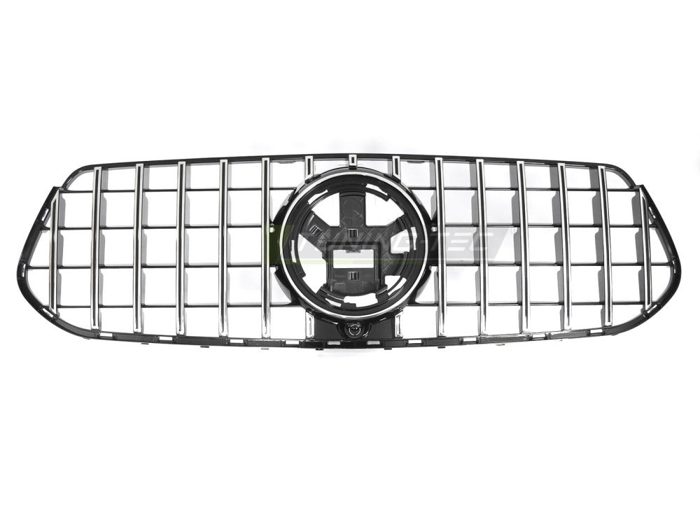 Detaljbilde av Grill Mercedes GLE W167/C167 19-23 sort/krom med GT-mønster og emblemfeste.