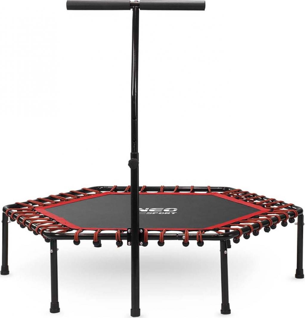 Mini Trampoline med sekskantet sort og rød hoppeflate, elastiske bånd og justerbart håndtak sett forfra.