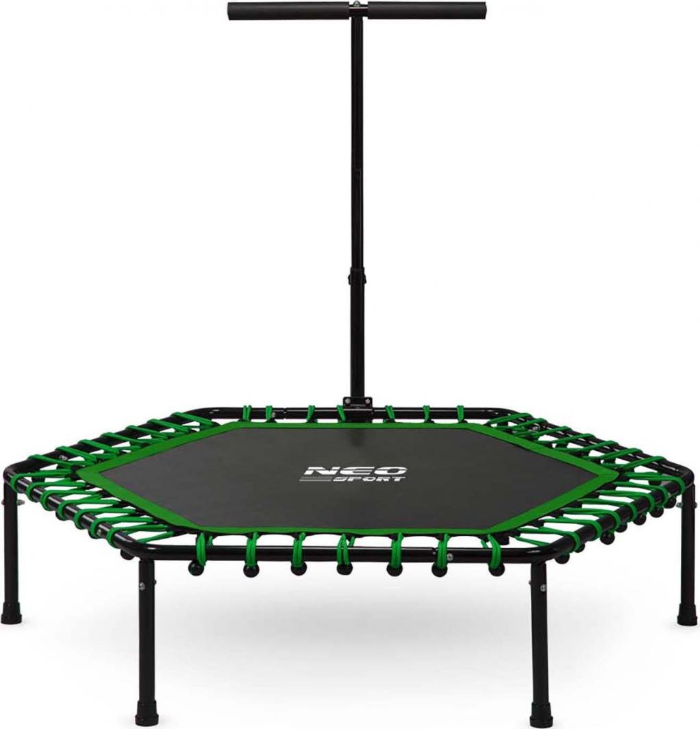 Liten Trampoline med sekskantet form, sorte og grønne detaljer, justerbar støttebøyle og solide metallben.