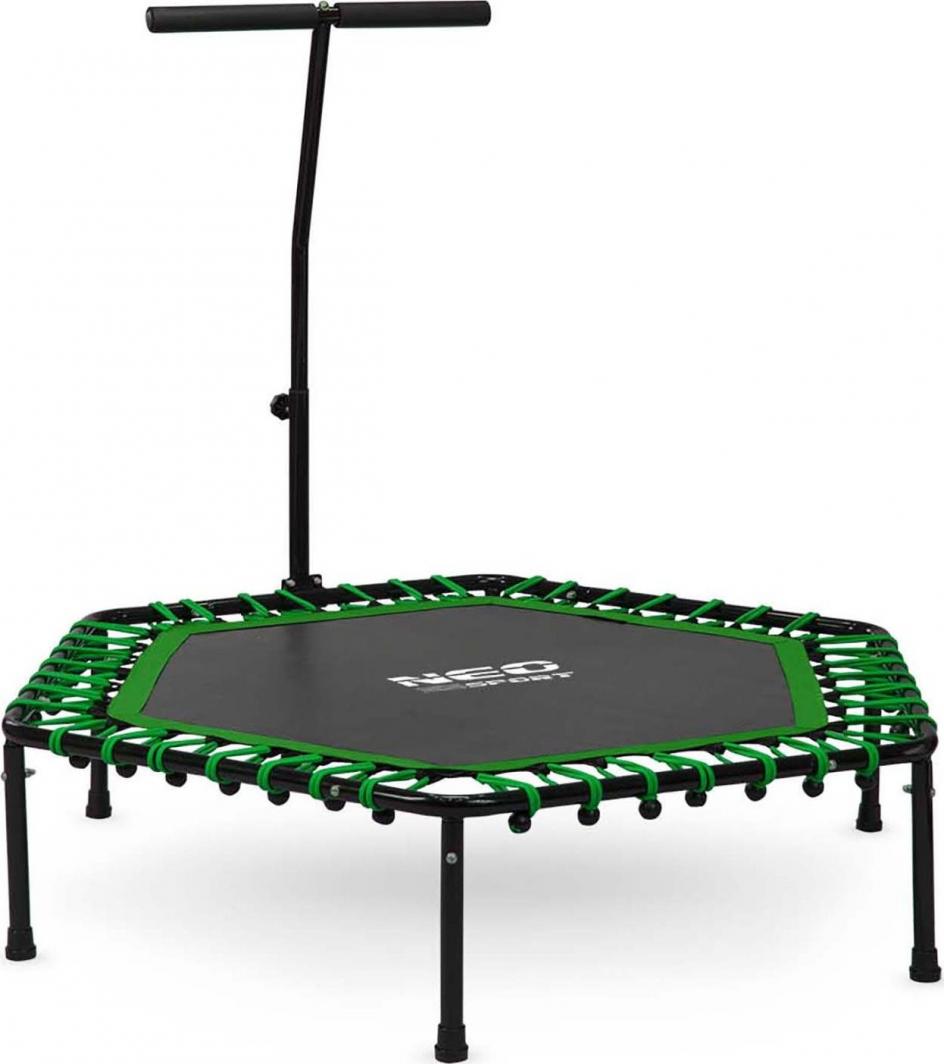 Fitness Trampoline med seks bein, justerbart håndtak og grønne detaljer, sett skrått forfra mot hvit bakgrunn.