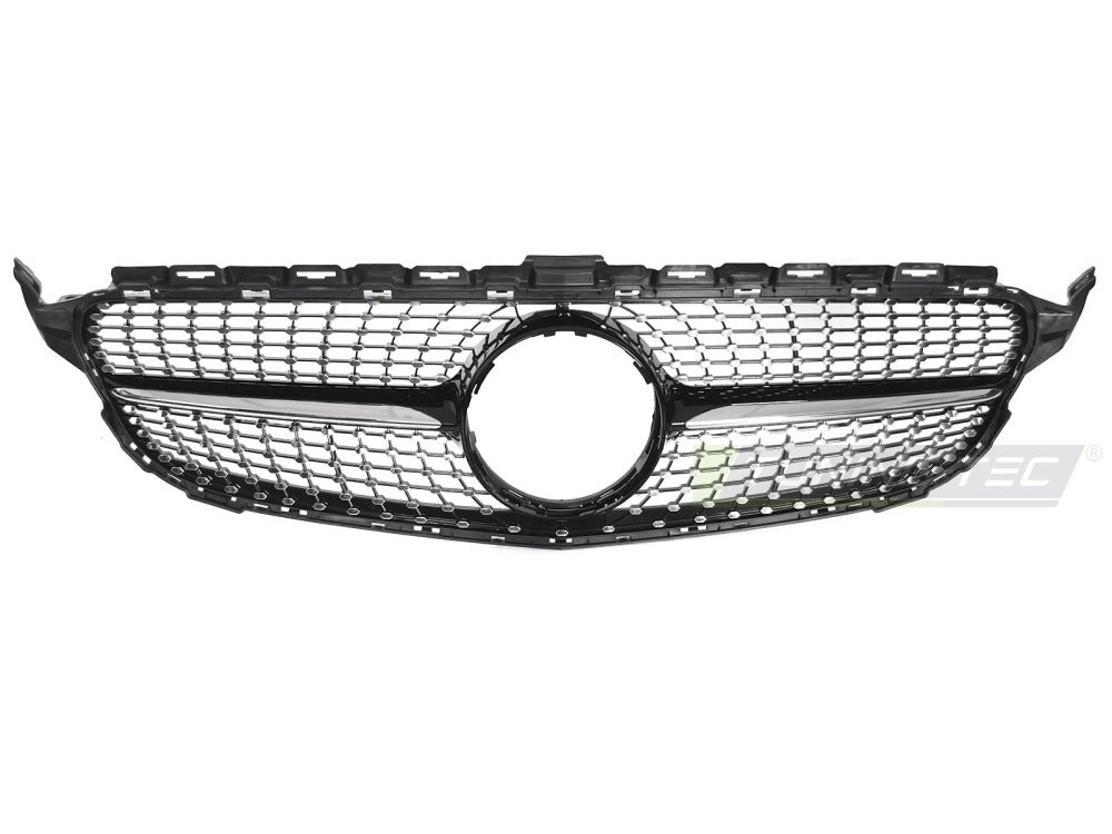 Detaljbilde av Grill C-Klasse W205 14-18 sort/krom med lamellstruktur og emblemfeste.