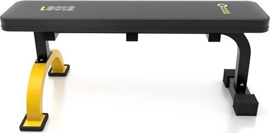 Treningsbenk Flat i svart og gult metall med polstret sete, sett forfra med stabile, gummierte ben.