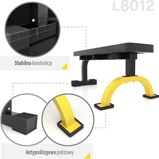 Treningsbenk Flat i sort og gul metall sett fra siden, viser stabile, sklisikre føtter og solid bunn.
