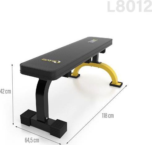 Benkpress Benk i svart og gult metall med polstret sete, sett skrått forfra, synlige mål 42x64,5x118 cm.
