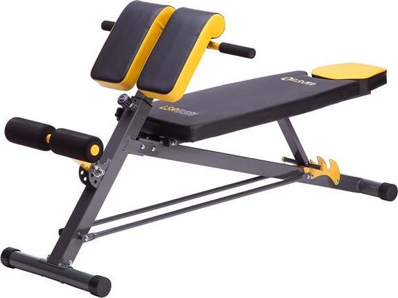 Treningsbenk i svart og gul med polstrede puter og justerbar stålramme, sett fra siden med tydelige detaljer.